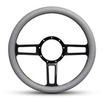 Steering Wheel,Launch style,Aluminum,13 3/4,Half-wrap,Made in the USA,Gloss black Fusioncoat spokes,Grey grip