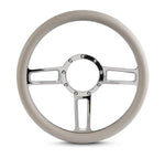 Steering Wheel,Launch style,Aluminum,13 3/4,Half-wrap,Made in the USA,Chrome spokes,Grey grip