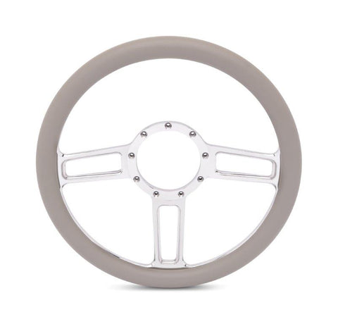 Steering Wheel,Launch style,Aluminum,13 3/4,Half-wrap,Made in the USA,bright clear coat spokes,Grey grip