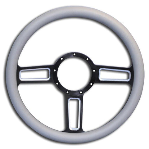 Steering Wheel,Launch style,Aluminum,13 3/4,Half-wrap,Made in USA,Black spokes w/machinedhighlights,Grey grip