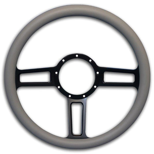 Steering Wheel,Launch style,Aluminum,13 3/4,Half-wrap,Made in the USA,Matte black Fusioncoat spokes,Grey grip