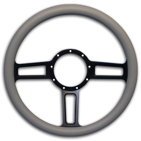 Steering Wheel,Launch style,Aluminum,13 3/4,Half-wrap,Made in the USA,Matte black Fusioncoat spokes,Grey grip