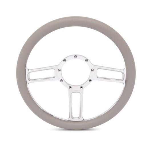 Steering Wheel,Launch style,Aluminum,13 3/4,Half-wrap,Made in the USA,Bright polished spokes,Grey grip