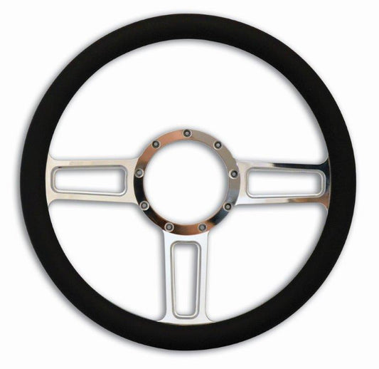 Steering Wheel,Launch style,Aluminum,13 3/4,Half-wrap,Made in the USA,Bright polished spokes,Black grip