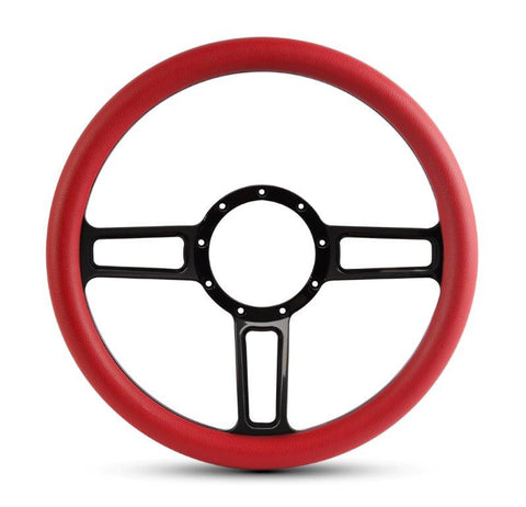 Steering Wheel,Launch style,Aluminum,13 3/4,Half-wrap,Made in the USA,Gloss black anodized spokes,Red grip