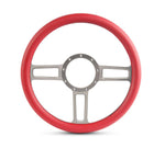 Steering Wheel,Launch style,Aluminum,13 3/4,Half-wrap,Made in the USA,Clear anodized spokes,Red grip