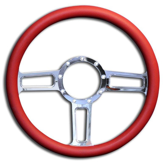 Steering Wheel,Launch style,Aluminum,13 3/4,Half-wrap,Made in the USA,Chrome spokes,Red grip