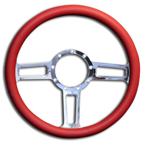 Steering Wheel,Launch style,Aluminum,13 3/4,Half-wrap,Made in the USA,Chrome spokes,Red grip