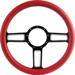 Steering Wheel,Launch style,Aluminum,13 3/4,Half-wrap,Made in USA,Black spokes w/machinedhighlights,Red grip