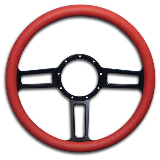 Steering Wheel,Launch style,Aluminum,13 3/4,Half-wrap,Made in the USA,Matte black Fusioncoat spokes,Red grip