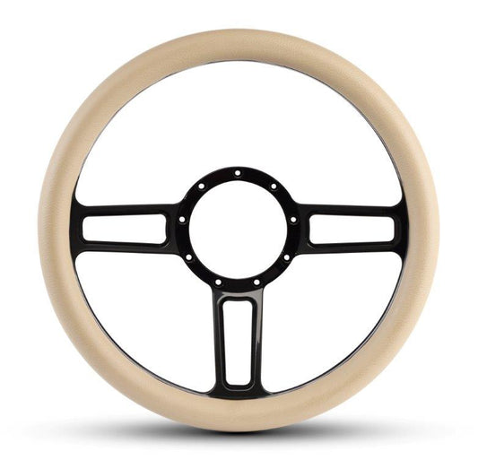 Steering Wheel,Launch style,Aluminum,13 3/4,Half-wrap,Made in the USA,Gloss black anodized spokes,Tan grip