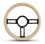 Steering Wheel,Launch style,Aluminum,13 3/4,Half-wrap,Made in the USA,Gloss black Fusioncoat spokes,Tan grip