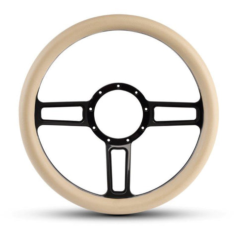 Steering Wheel,Launch style,Aluminum,13 3/4,Half-wrap,Made in the USA,Gloss black Fusioncoat spokes,Tan grip