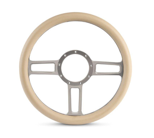 Steering Wheel,Launch style,Aluminum,13 3/4,Half-wrap,Made in the USA,Clear anodized spokes,Tan grip