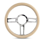 Steering Wheel,Launch style,Aluminum,13 3/4,Half-wrap,Made in the USA,Chrome spokes,Tan grip