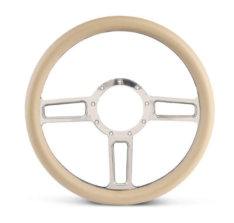 Steering Wheel,Launch style,Aluminum,13 3/4,Half-wrap,Made in the USA,bright clear coat spokes,Tan grip