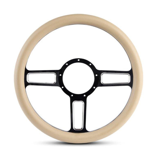 Steering Wheel,Launch style,Aluminum,13 3/4,Half-wrap,Made in USA,Black spokes w/machinedhighlights,Tan grip