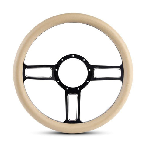 Steering Wheel,Launch style,Aluminum,13 3/4,Half-wrap,Made in USA,Black spokes w/machinedhighlights,Tan grip