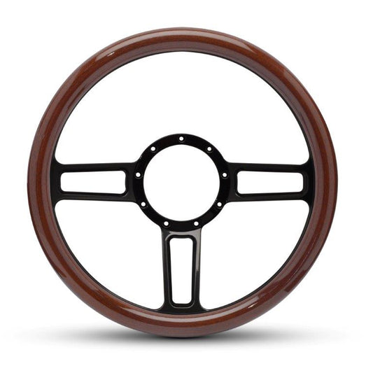 Steering Wheel,Aluminum,13 3/4",Half-wrap,Launch style,Made In USA,Gloss black anodize spokes,Wood grip