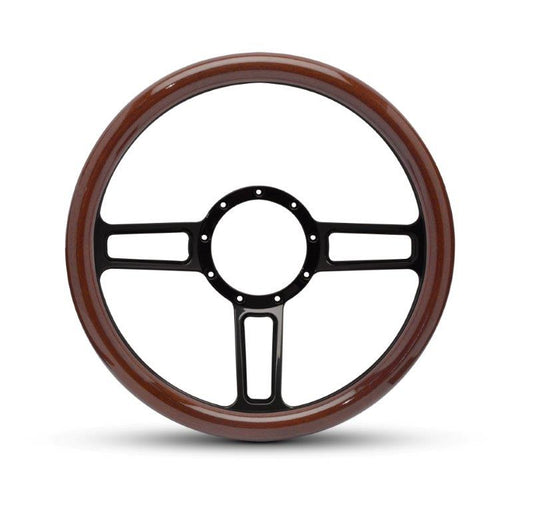 Steering Wheel,Aluminum,13 3/4",Half-wrap,Launch style,Made In USA,Gloss black spokes,Wood grip