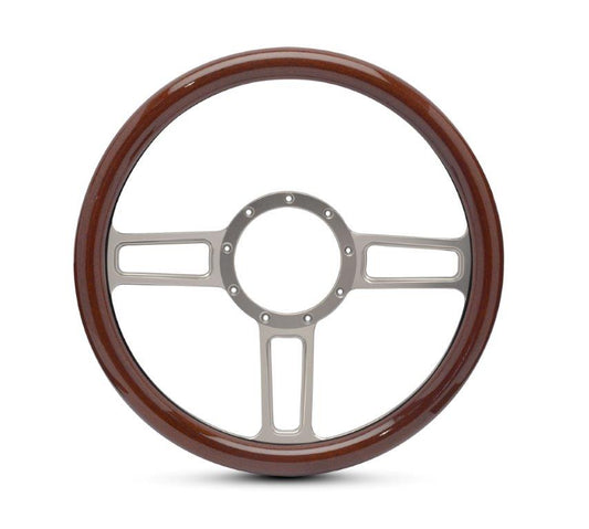 Steering Wheel,Aluminum,13 3/4",Half-wrap,Launch style,Made In USA,Clear anodize spokes,Wood grip