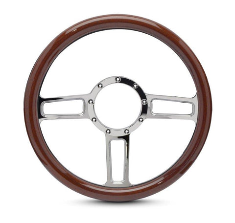 Steering Wheel,Aluminum,13 3/4",Half-wrap,Launch style,Made In USA,Chrome plated spokes,Wood grip