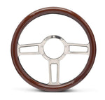 Steering Wheel,Aluminum,13 3/4",Half-wrap,Launch style,Made In USA,Bright clear coat spokes,Wood grip