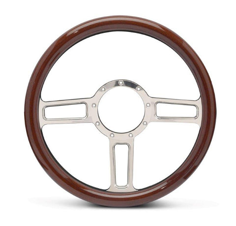 Steering Wheel,Aluminum,13 3/4",Half-wrap,Launch style,Made In USA,Bright clear coat spokes,Wood grip