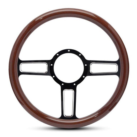 Steering Wheel,Aluminum,13 3/4",Half-wrap,Launch style,Made In USA,Black spokes w/machine highlights,Wood grip