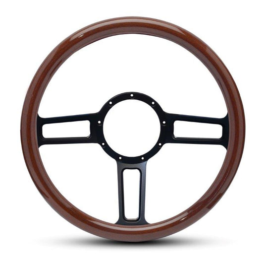 Steering Wheel,Aluminum,13 3/4",Half-wrap,Launch style,Made In USA,Matte black spokes,Wood grip