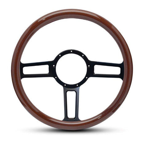 Steering Wheel,Aluminum,13 3/4",Half-wrap,Launch style,Made In USA,Matte black spokes,Wood grip