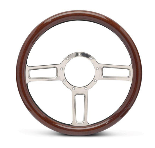 Steering Wheel,Aluminum,13 3/4",Half-wrap,Launch style,Made In USA,Bright polished finish,Wood grip