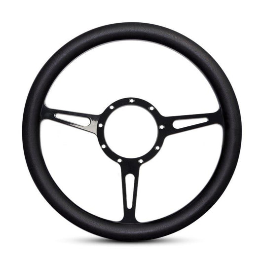 Steering Wheel,Classic style,Aluminum,13 3/4,Half-wrap,Made in the USA,Gloss black anodized spokes,Black grip