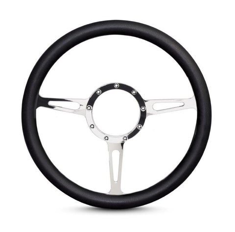 Steering Wheel,Classic style,Aluminum,13 3/4,Half-wrap,Made in the USA,Chrome spokes,Black grip