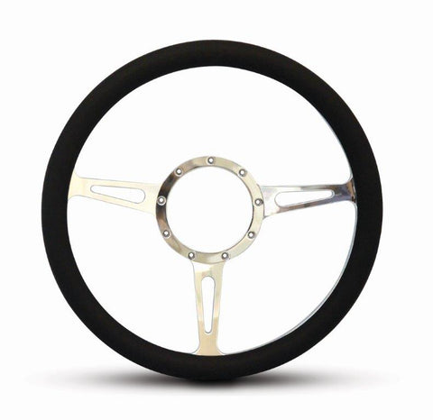 Steering Wheel,Classic style,Aluminum,13 3/4,Half-wrap,Made in the USA,bright clear coat spokes,Black grip