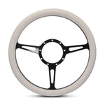 Steering Wheel,Classic style,Aluminum,13 3/4,Half-wrap,Made in the USA,Gloss black anodized spokes,White grip