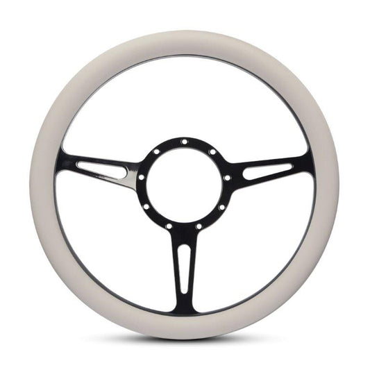 Steering Wheel,Classic style,Aluminum,13 3/4,Half-wrap,Made in the USA,Gloss black Fusioncoat spokes,White grip