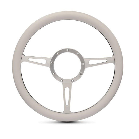 Steering Wheel,Classic style,Aluminum,13 3/4,Half-wrap,Made in the USA,Clear anodized spokes,White grip