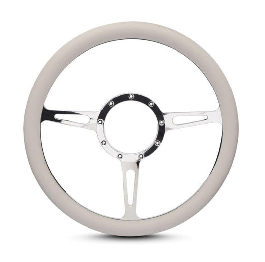 Steering Wheel,Classic style,Aluminum,13 3/4,Half-wrap,Made in the USA,Chrome spokes,White grip