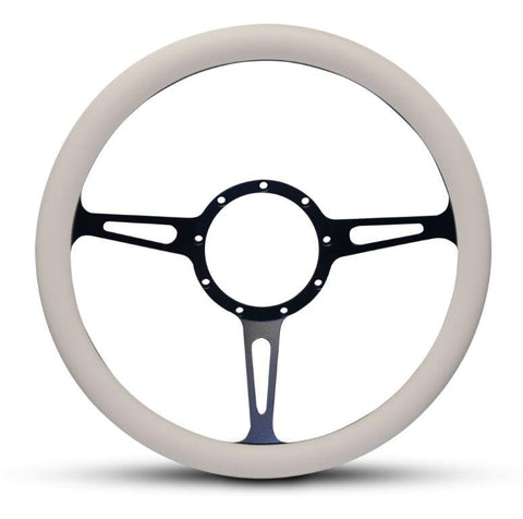 Steering Wheel,Classic style,Aluminum,13 3/4,Half-wrap,Made in the USA,Matte black Fusioncoat spokes,White grip