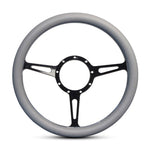 Steering Wheel,Classic style,Aluminum,13 3/4,Half-wrap,Made in the USA,Gloss black anodized spokes,Grey grip