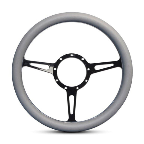 Steering Wheel,Classic style,Aluminum,13 3/4,Half-wrap,Made in the USA,Gloss black Fusioncoat spokes,Grey grip