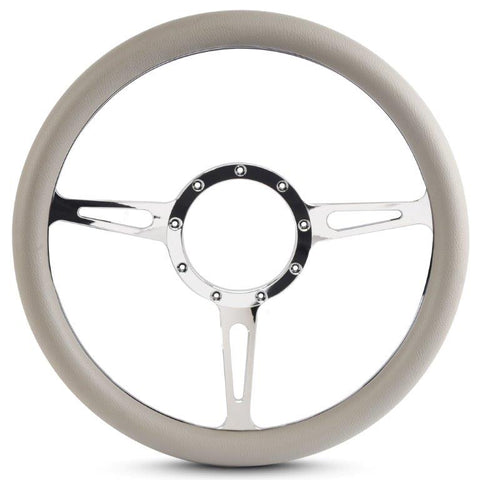 Steering Wheel,Classic style,Aluminum,13 3/4,Half-wrap,Made in the USA,Chrome spokes,Grey grip