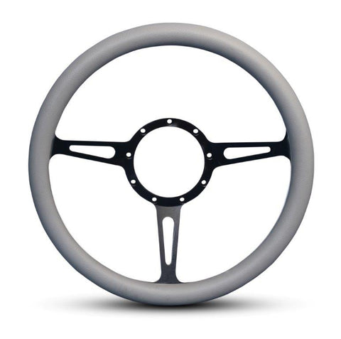 Steering Wheel,Classic style,Aluminum,13 3/4,Half-wrap,Made in the USA,Matte black Fusioncoat spokes,Grey grip