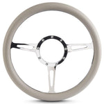 Steering Wheel,Classic style,Aluminum,13 3/4,Half-wrap,Made in the USA,Bright polished spokes,Grey grip