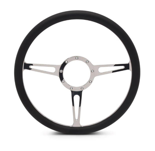 Steering Wheel,Classic style,Aluminum,13 3/4,Half-wrap,Made in the USA,Bright polished spokes,Black grip