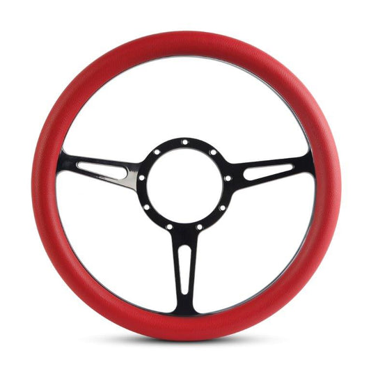 Steering Wheel,Classic style,Aluminum,13 3/4,Half-wrap,Made in the USA,Gloss black anodized spokes,Red grip