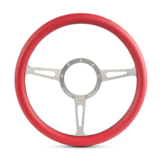 Steering Wheel,Classic style,Aluminum,13 3/4,Half-wrap,Made in the USA,Clear anodized spokes,Red grip