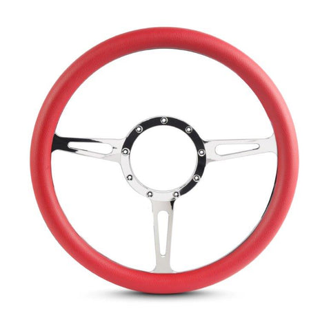 Steering Wheel,Classic style,Aluminum,13 3/4,Half-wrap,Made in the USA,Chrome spokes,Red grip