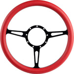 Steering Wheel,Classic style,Aluminum,13 3/4,Half-wrap,Made in the USA,Matte black Fusioncoat spokes,Red grip